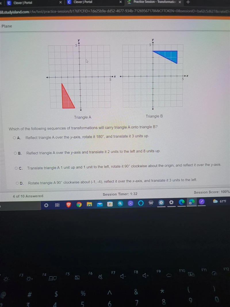 Which of the following sequences of transformations will carry triangle A onto triangle-example-1