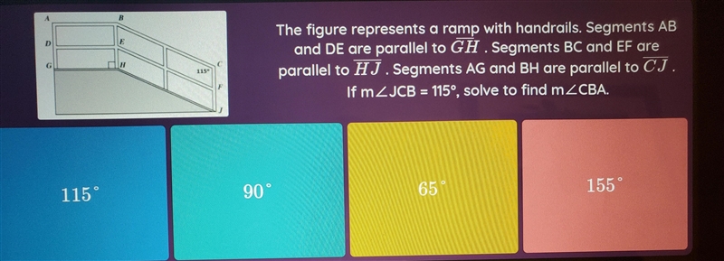 B D E The figure represents a ramp with handrails. Segments AB and DE are parallel-example-1