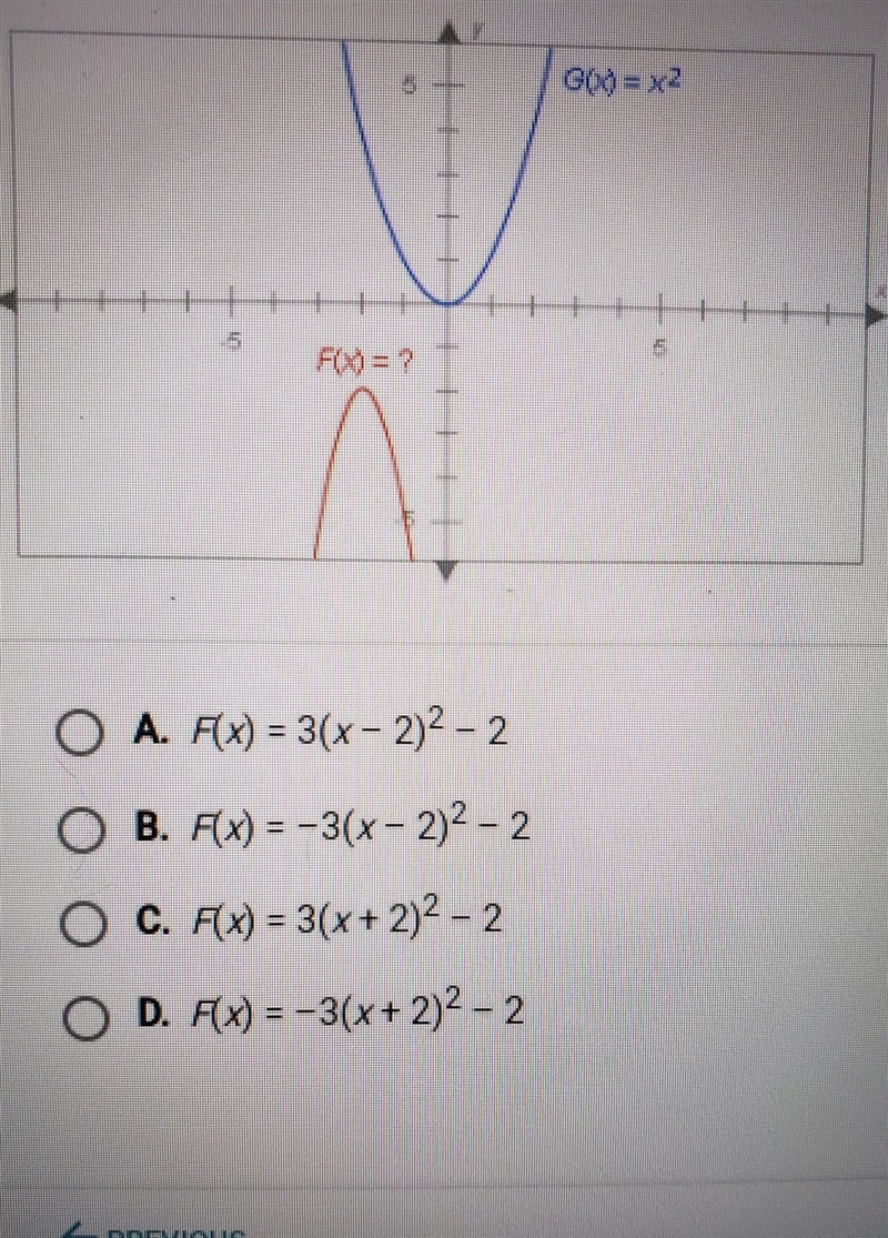 The graph of F(x), show below, resemble the graph of G(x) = x^2 but it has been charged-example-1