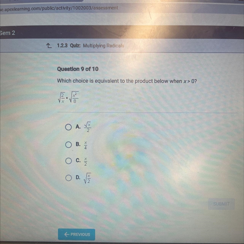 Which choice us equivalent to the product below when x >0?-example-1