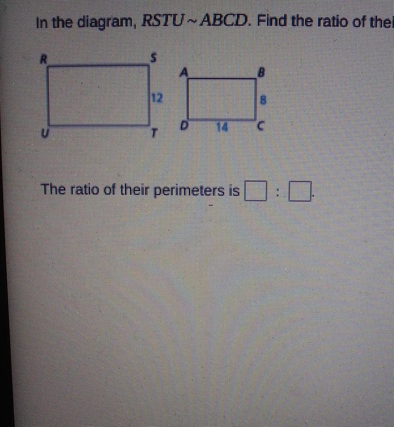 In the diagram, RSTU ~ ABCD. Find the ratio of their perimeter-example-1