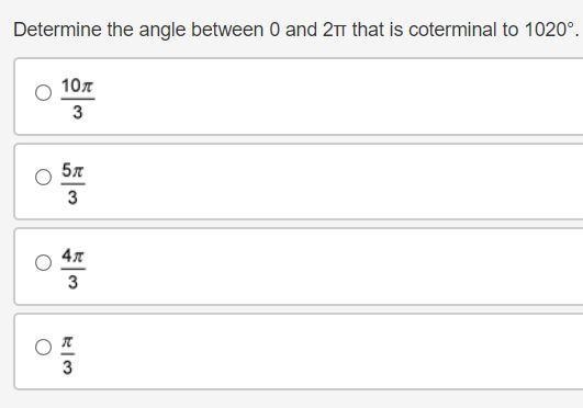 Determine the angle between 0 and 2π that is coterminal to 1020°.-example-1