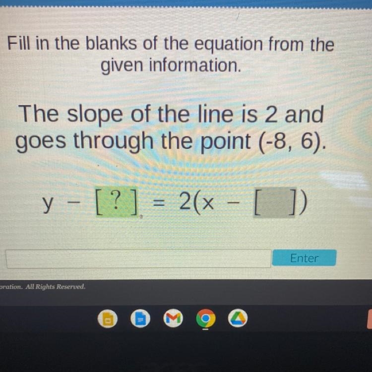 The slope of the line is 2 and goes through the point (-8,6)-example-1