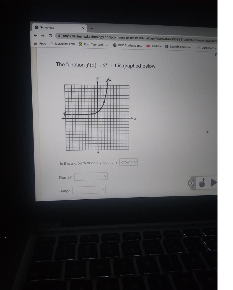 The function f(x) = 22 + 1 is graphed below: x Is this a growth or decay function-example-1