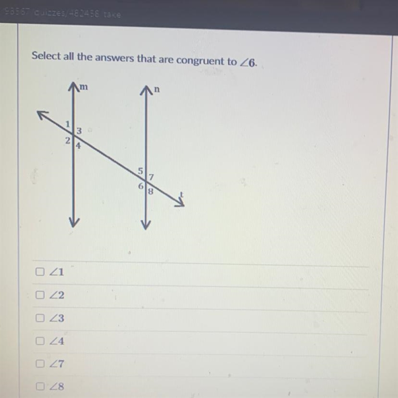 Select all the answers that are congruent to angle 6.-example-1