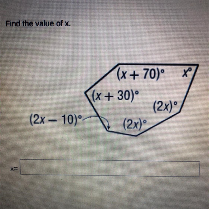 Find the value of x.(x + 70° Xo(x + 30°(2x)(2x)(2x - 10°-example-1