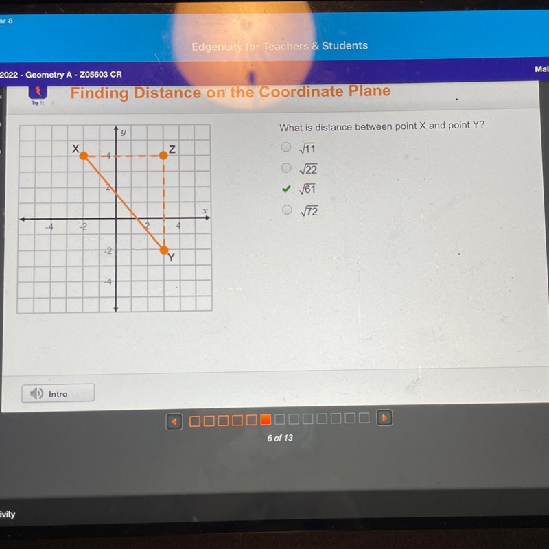 What is distance between point X and point Y? O 11 O 22 O 61 O 72 (the answer is 61)-example-1