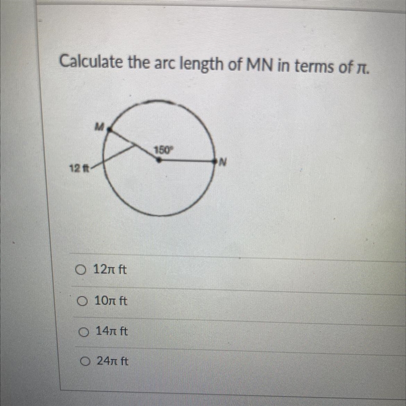 Calculate the arc length of MN in terms of n.M15012 ttO 12 ftO 10n ft147 ft0 247 ft-example-1