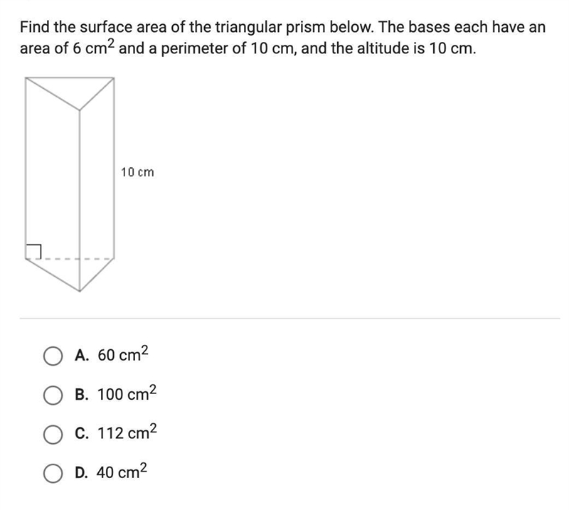 Find the surface area of the triangular prism below. The bases each have anarea of-example-1