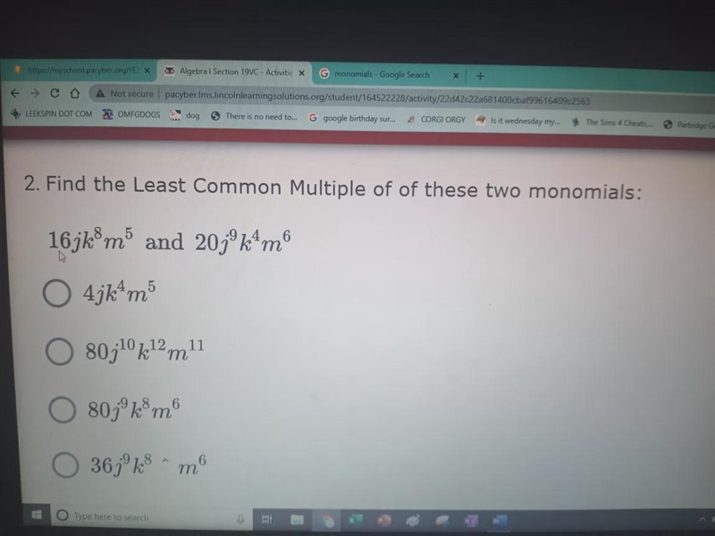 Find the least common multiple of these two monomials16xy^8 z ^5 \: and \: 20 {x}^(9) {y-example-1