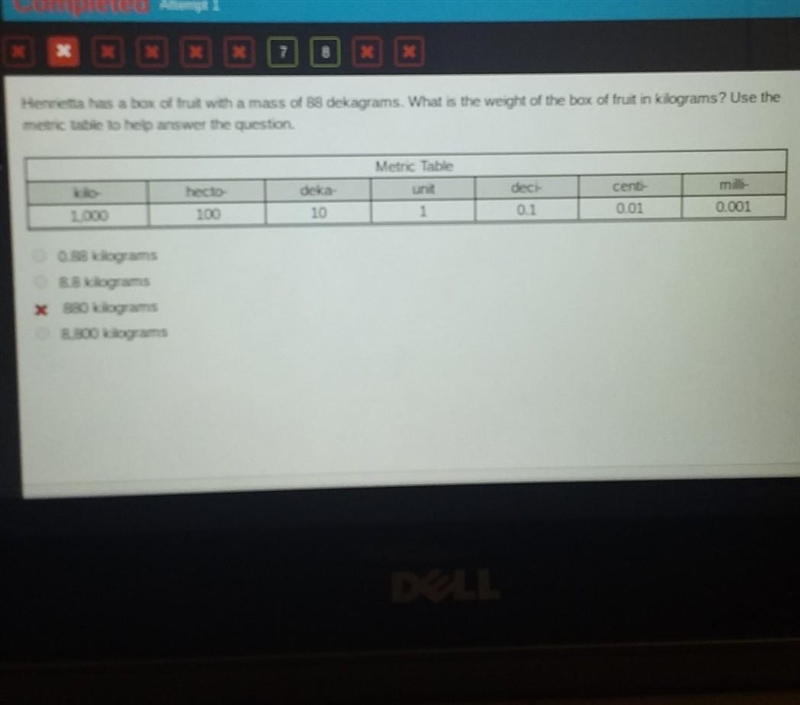 Henrietta has a box of fruit with a mass of 88 dekagrams. What is the weight of the-example-1