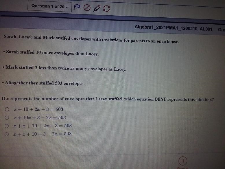 if x repsents the number of envelopes that lacey stuffed which equation best represents-example-1