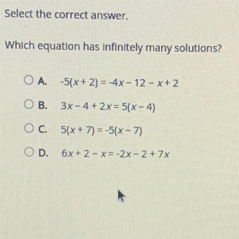 Which equation has infinitely many solutions?I need help as soon as possible-example-1