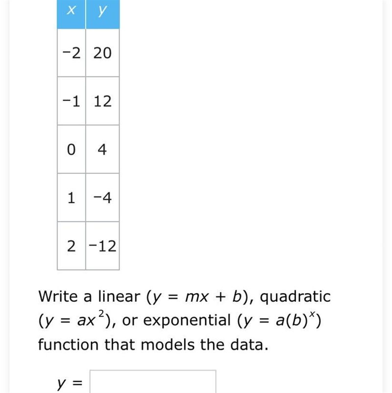 Look at this table: xy -2 20 -1 12 04 1 -4 2 -12 Write a linear (y = mx + b), quadratic-example-1