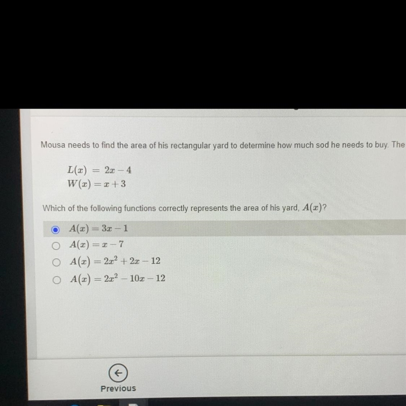 Mauser needs to find the area of his rectangular yard to determine how much sod he-example-1