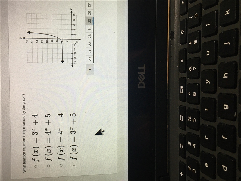 What function equation is represented by the graph? f(x)= 3 exponent x+4 4 exponent-example-1