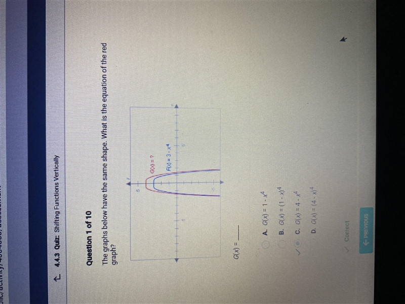 The graphs below have the same shape. What is the equation of the red graph? G(x)=___-example-1