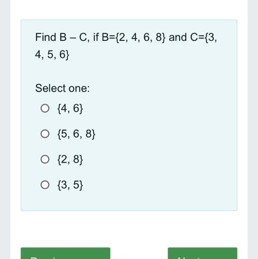 Find B – C, if B={2, 4, 6, 8} and C={3, 4, 5, 6}-example-1