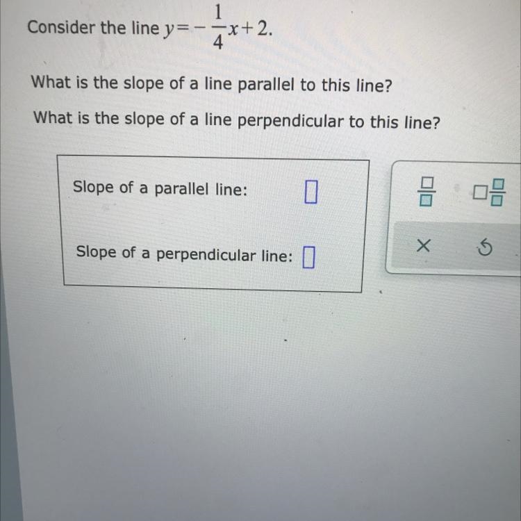 Consider the line y= -1/4x + 2.What is the slope of a line parallel to this line?What-example-1