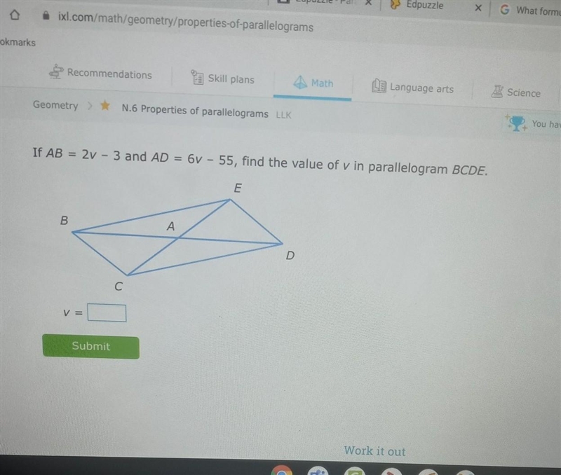 Geometry N.6 Properties of parallelograms LLK If AB = 2v - 3 and AD = 6v - 55, find-example-1