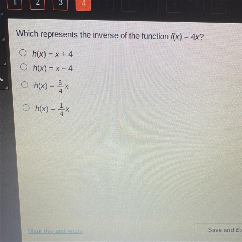 Which represents the inverse of the function f(x) = 4x? Help plss !!-example-1