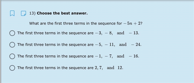 What are the first three terms in the sequence for -5n + 2?-example-1