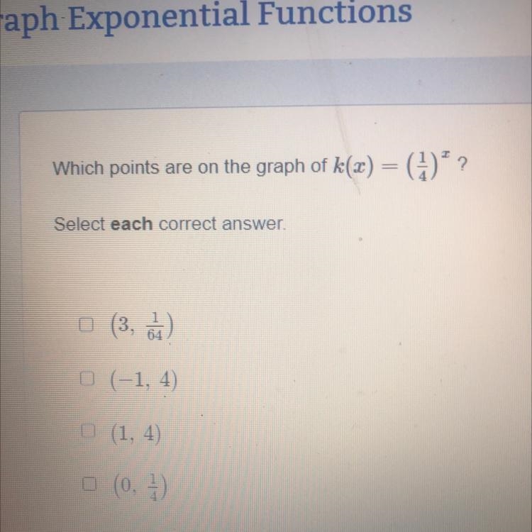 Which points are on the graph of k(x) = (1/4)x?-example-1