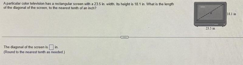 A particular color television has a rectangular screen with a 23.5 in. width. It’s-example-1