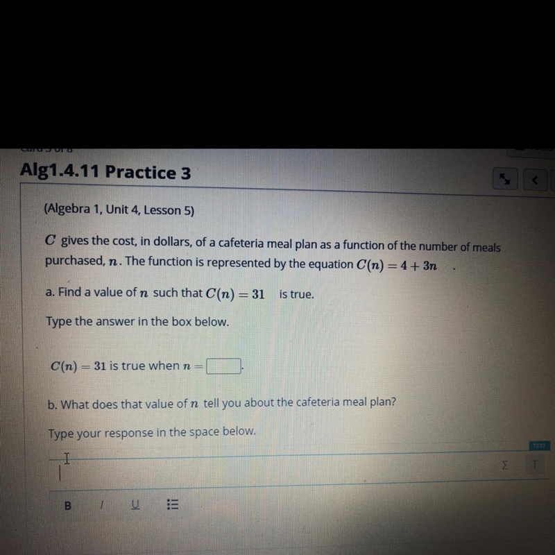 (Algebra 1, Unit 4, Lesson 5)C gives the cost, in dollars, of a cafeteria meal plan-example-1