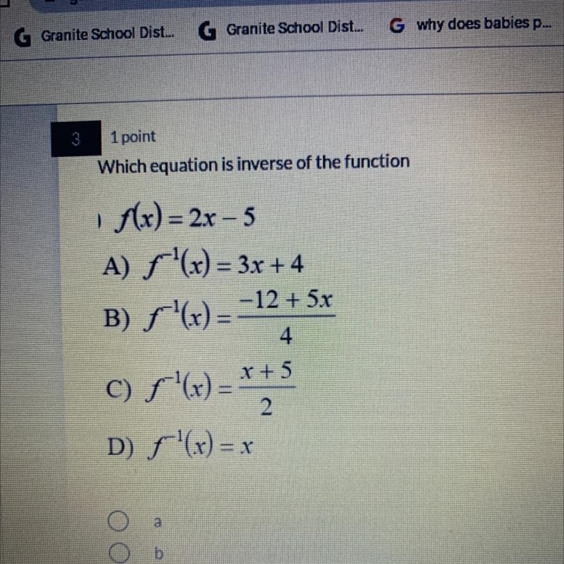 Which equation is inverse of the function+$(x) = 2x - 5A) F'(x) = 3x + 4-12 + 5xB-example-1