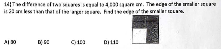 14) The difference of two squares is equal to 4,000 square cm. The edge of the smaller-example-1