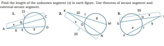 Find the length of the unknown segment (x) in each figure. Use theorem of secant segment-example-1