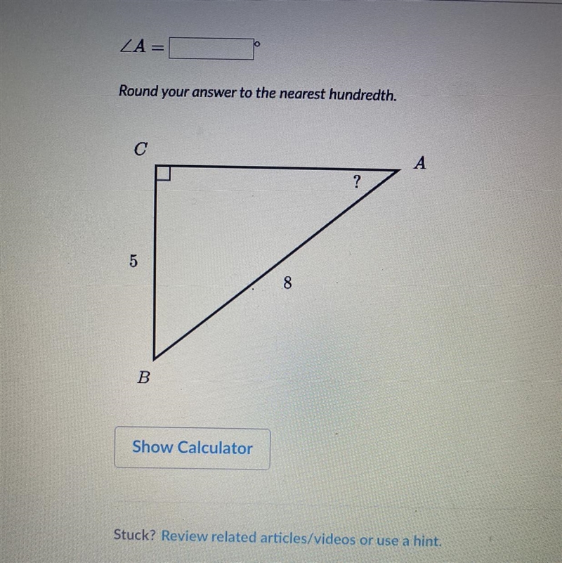 Solve for an angle in right triangles. Round to the nearest hundredths-example-1