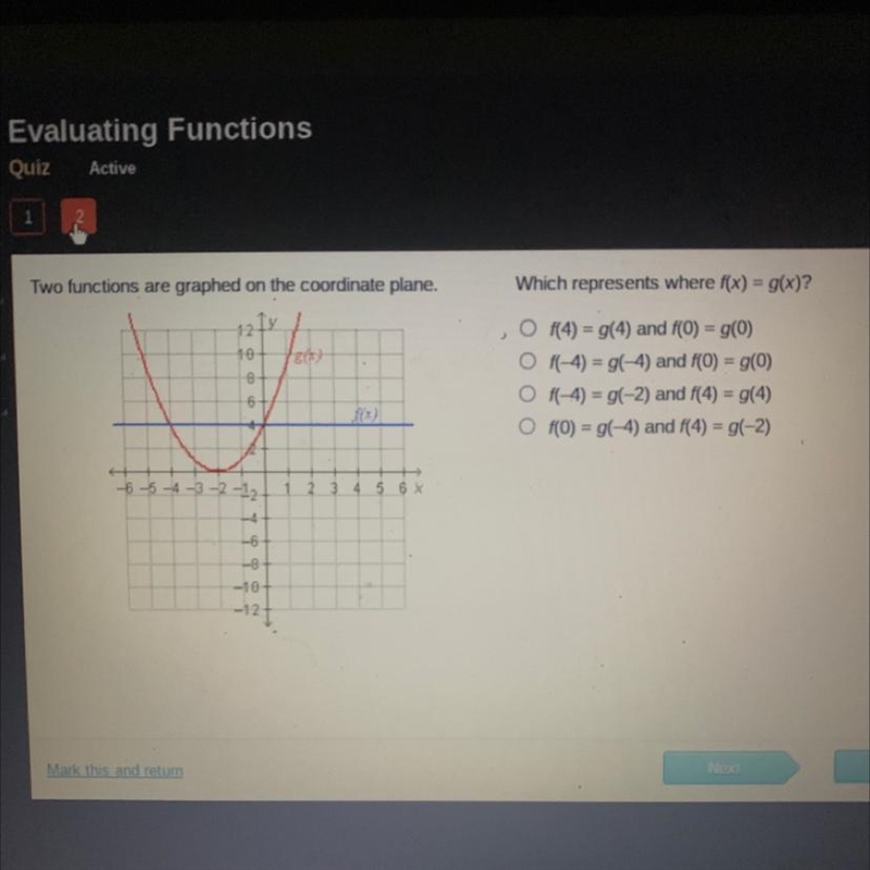 Two functions are graphed on the coordinate plane. 121x 10 8 6 -4 -6-5-4-3-2-12 1 2 3 4 5 6 X-example-1