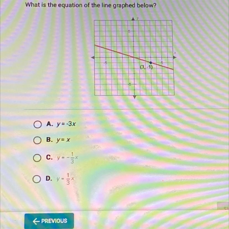 What is the equation of the line graphed below?A. y=-3xB. y=xО с.C. y - -|×D. y=3×(3-1)-example-1