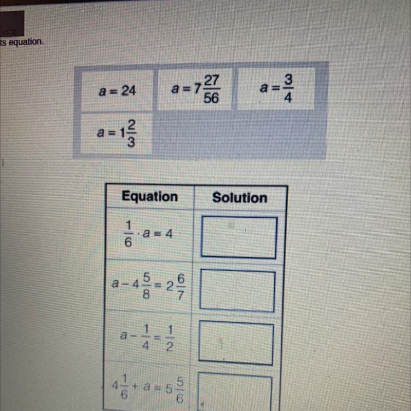 A= 2427a = 7a=562a=1= 12EquationSolution1a = 45a-4862.a- 1 - 146a = 5-example-1