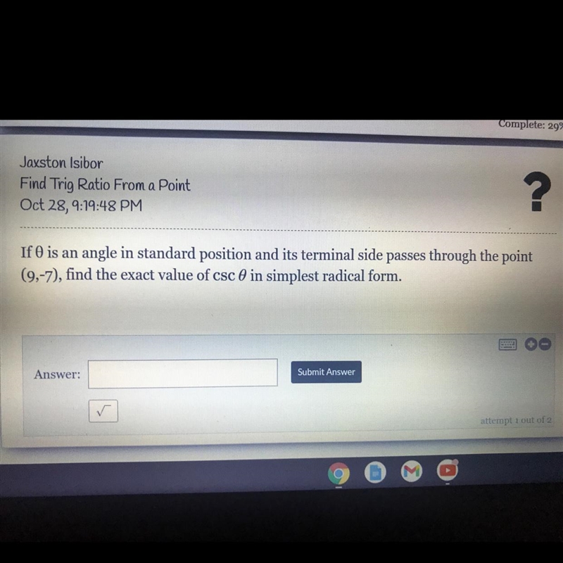 If O is an angle in standard position and its terminal side passes through the point-example-1