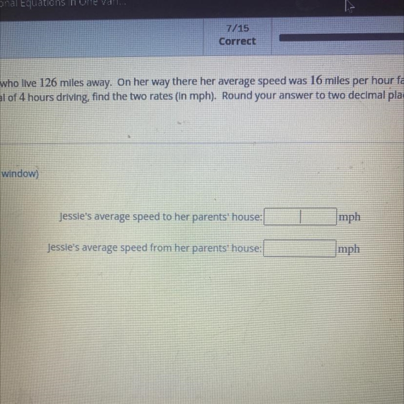 Jesse recently drove to visit her parents who live 126 miles away. On her way there-example-1