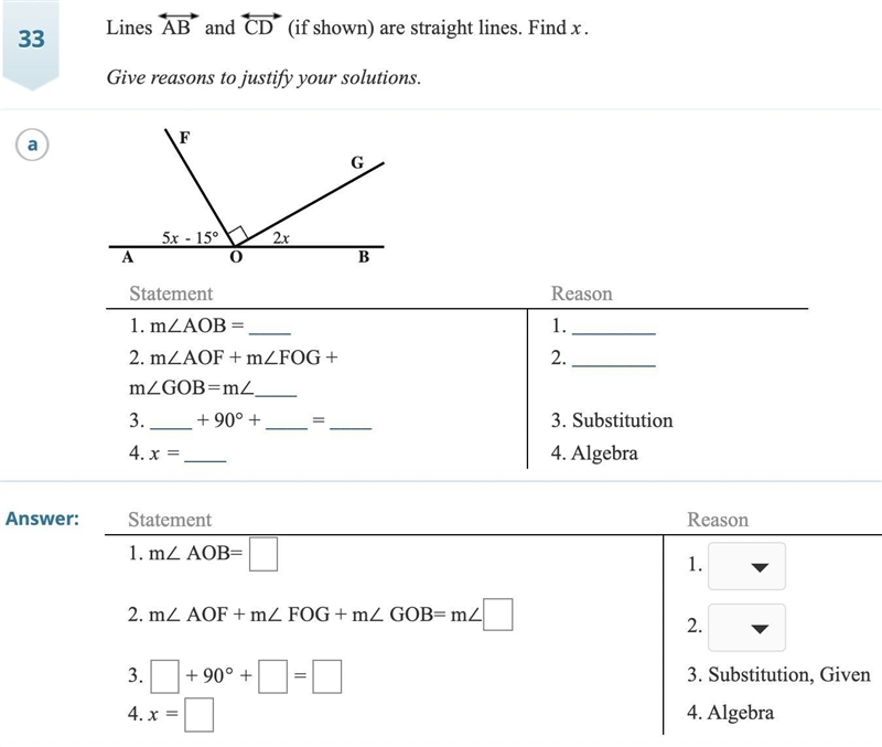 Lines AB and CD (if shown) are straight lines. Find x. PLEASE ANSWER ASAP I NEED HELP-example-1