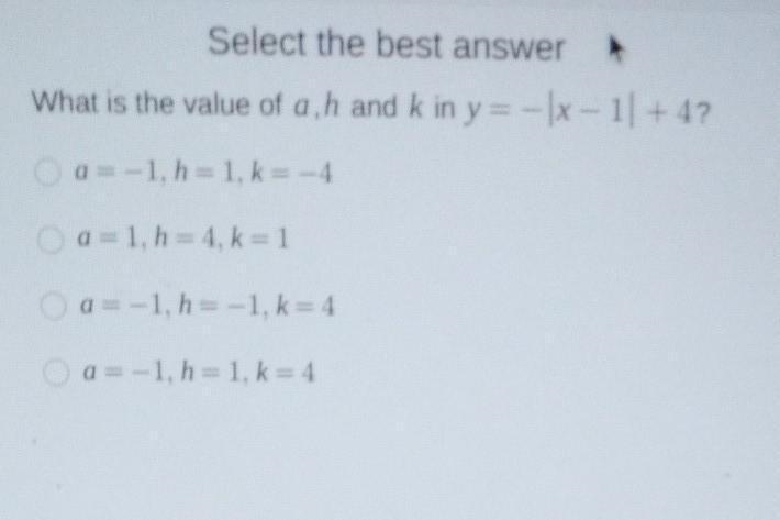 What is the value of a,h and k in y=-[x-1]+4-example-1