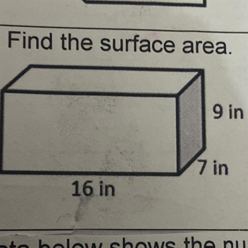 Find the surface area. 9 in 7 in 16 in-example-1