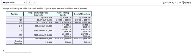 Using the following tax table, how much would a single taxpayer owe on a taxable income-example-1