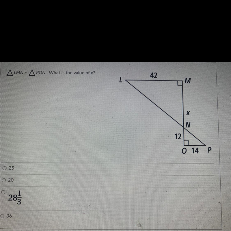 Triangle LMN ~ Triangle PON. What is the value of x?-example-1