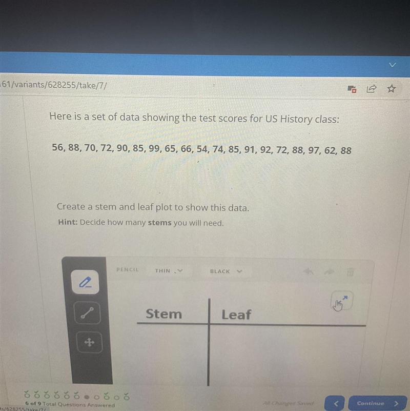 Here is a set of data showing the test scores for US History class: 56, 88, 70, 72, 90, 85, 99, 65, 66, 54, 74, 85, 91, 92, 72, 88, 97, 62, 88 Create-example-1