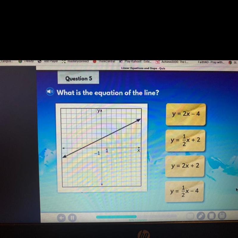 QuestionsWhat is the equation of the line?y = 2x - 4y = 1/2x + 2y = 2x + 2y = 1/2x-example-1