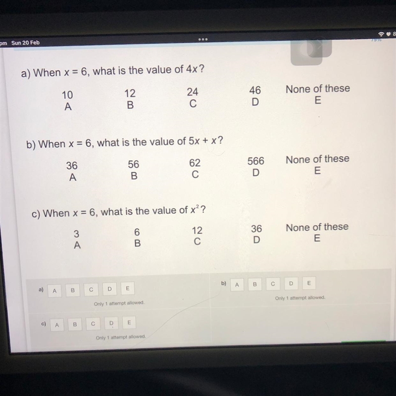 A) When x = 6, what is the value of 4x? 10 A 12 B 24 С 46 D None of these E m의 b) When-example-1