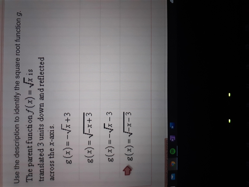 Use the description to identify the square root function of g. (The red arrow means-example-1