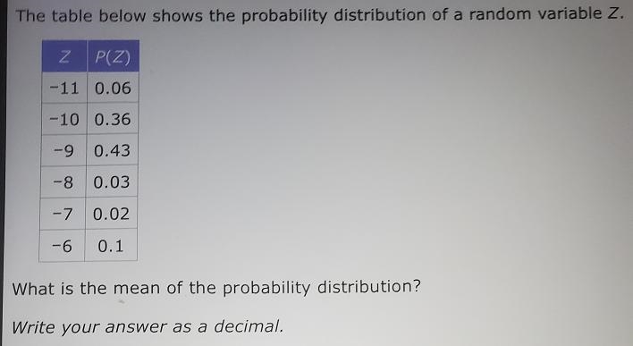 The table below shows the probability distribution of a random variable Z. Z P(Z) -11 0.06 -10 0.36 -9 0.43 -8 0.03 -7 0.02 -6 0.1 What-example-1