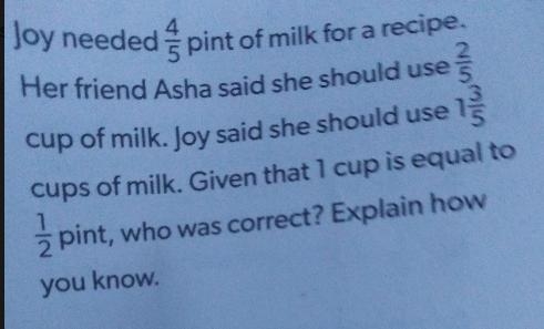 Joy needed for 6 pints of milk for a recipe her friend Astra says she should use 2/5 cup-example-1