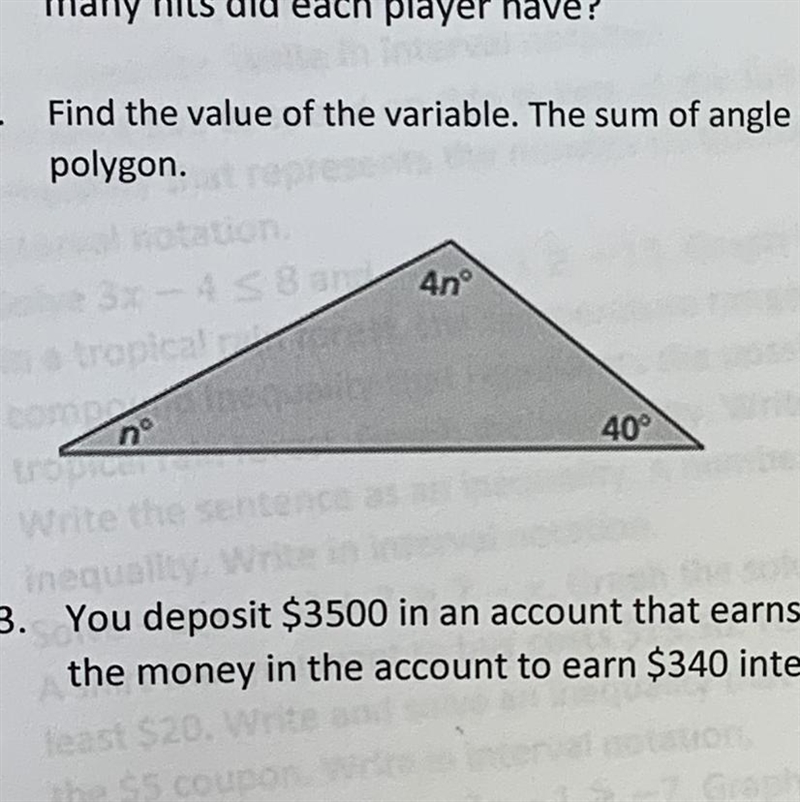 Find the value of the variable. The sum of angle measures is 180°. Then find the angle-example-1